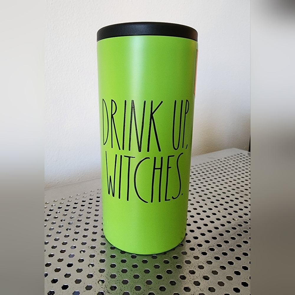 Drink Up Witch's halloween insulated tumbler, green, slim-can cooler
